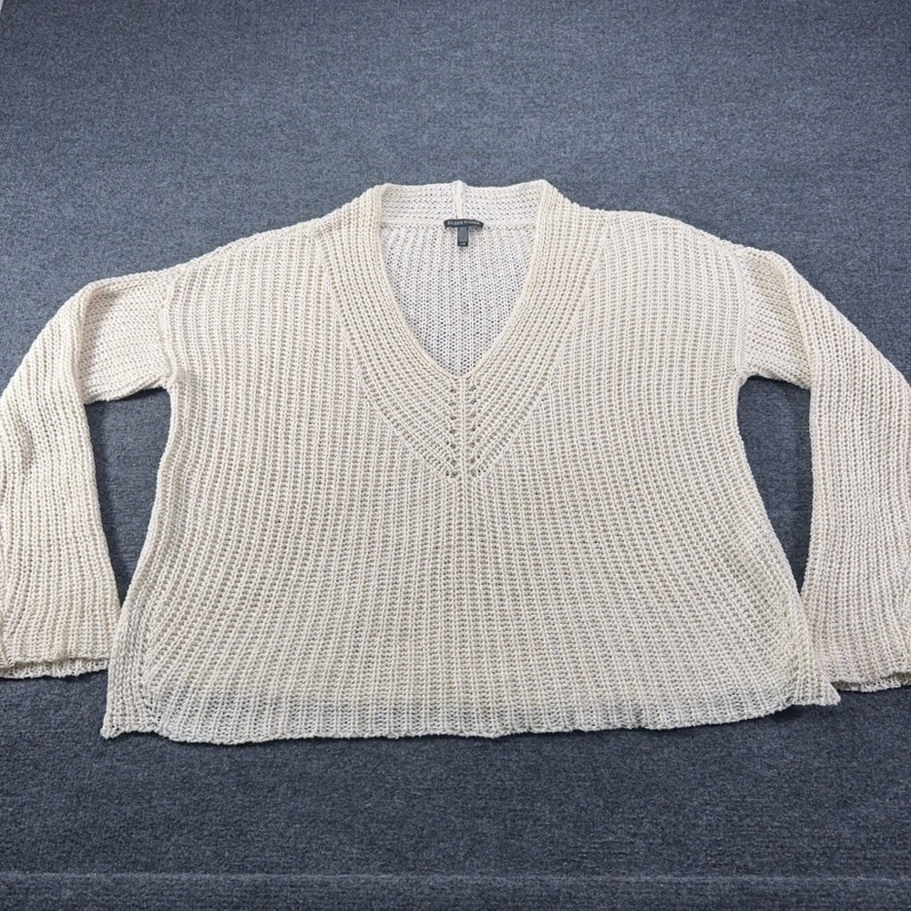 Eileen Fisher Organic Cotton Linen Blend V-Neck Open Knit Sweater Cream Large
